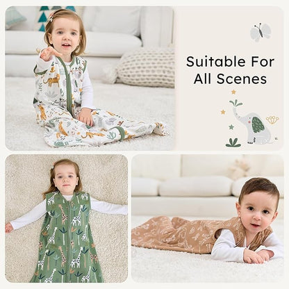 Baby Sleep Sack 6-12 months, 100% Cotton Sleeping Sack for Newborn and Infant, 3 Pack Baby Wearable Blanket for Boy and Girl, 0.5 Tog Lightweight Double Zipper Sleep Bag Green Brown Giraffe
