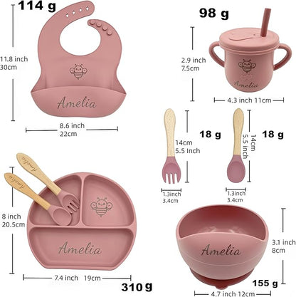 Personalized Name Food Grade 6pcs Baby Feeding Set with Spoon, Fork,Silicone Suction Bowls,Cup,Plate,and bib BPA Free - First Stage Self Feed (Color Muted Deep Pink Y19)