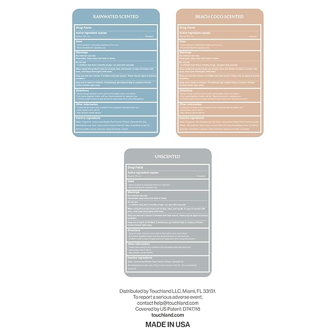 Touchland Hydrating Hand Sanitizer Spray, DYE FREE Trio Set (Rainwater, Unscented, Beach Coco), 1 FL. OZ. Travel Size Power Mist Sprays (Set of 3)