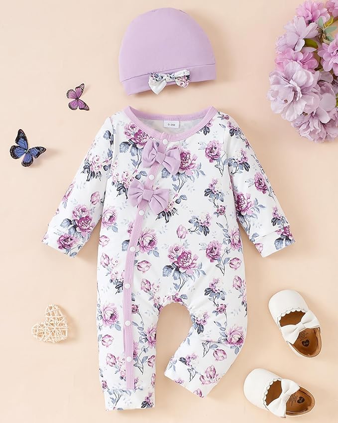 Mioglrie Newborn Baby Girl Clothes Long Sleeve Romper Infant Fall Winter Outfits Floral Hat Jumpsuit Preemie Girl Clothes