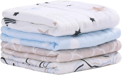 Viviland Baby Muslin Burp Cloths, Super Absorbent Washcloths for Baby Girl and Boy, 10 x 20 inches 6-Layer Baby Bath Towels, Blue Rainbow & Stars 4 Pack