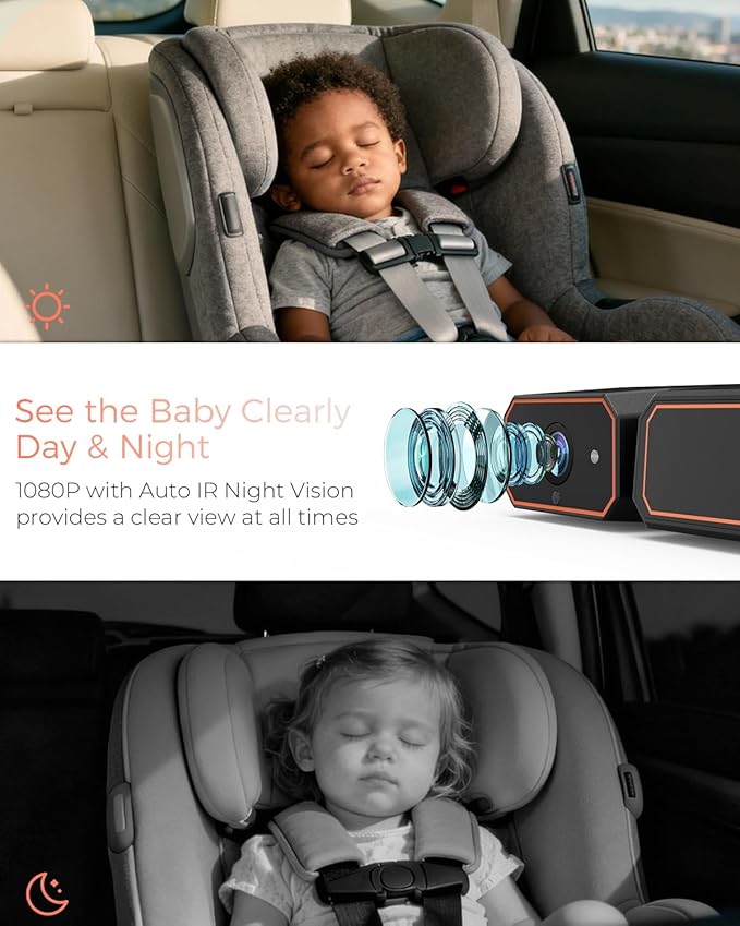 Babyvue BV6 Wireless Baby Car Camera Easy to Install, No Wiring Car Baby Monitor with HD1080P IR Night Vision, 5.2" Screen Car Seat Camera 3X Zoom for Kids