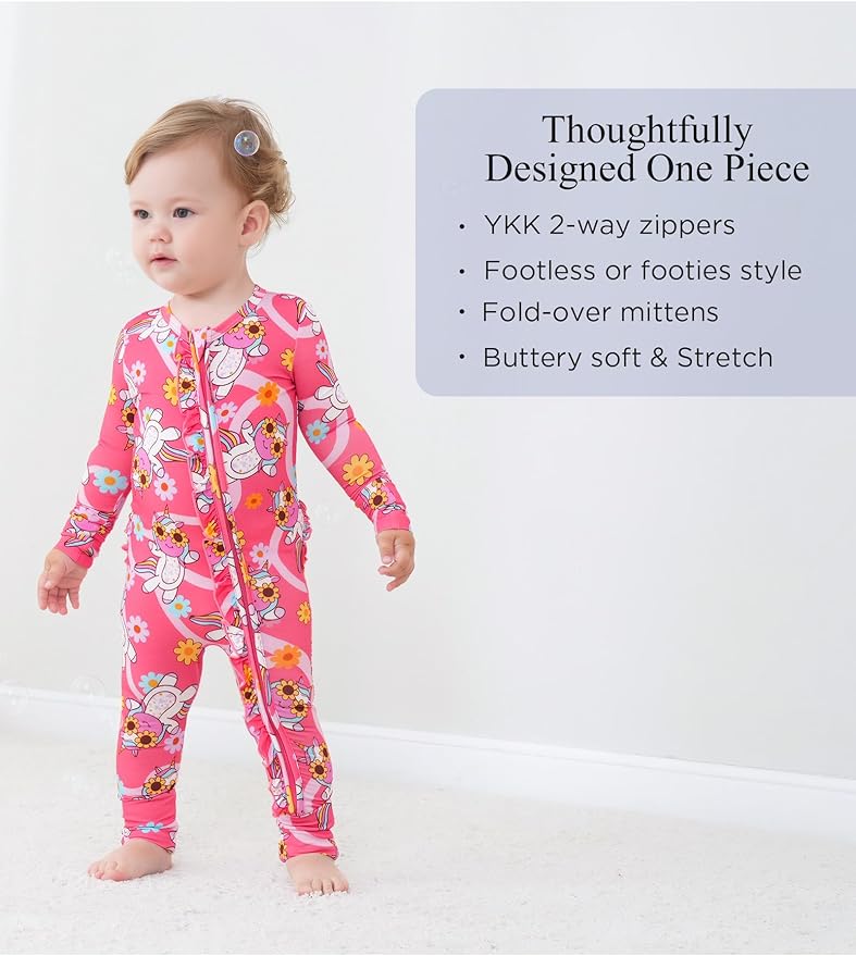 Bamboo Viscose Baby Girl Footless Pajamas Ruffled Baby Sleepers with 2 Way Zipper