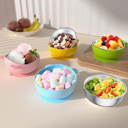 Stainless Steel Baby Bowls with Suction, 2-in-1 SUS304 Toddlers Bowl & Removable Silicone Suction Kids Bowl, Anti Scald Non Toxic Snack Container for Baby Food Feeding, 4 Colors Set