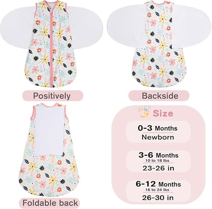 Newborn Sleep Sack Baby Swaddle,3-6 Months,3-Way Adjustable Wearable Blanket,100% Rayon Cotton Swaddling Sleeping Bag，TOG 0.5（Heart&Floral）