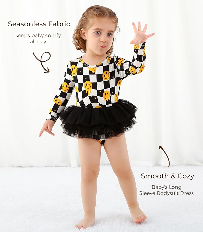 Baby Girl Bodysuit Dress- Viscose Made from Bamboo, Long Sleeve Flutter Skater Dress with Bodysuit Infant Outfit