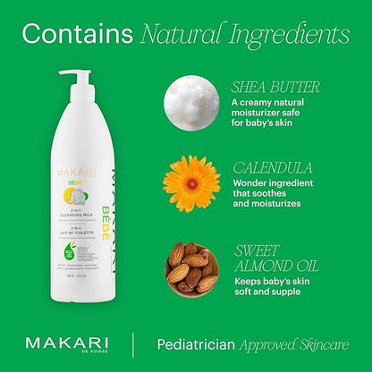 MAKARI Baby Care Essentials Bundle: Softness Care Baby Oil (8.4 oz) with Sweet Almond & Chamomile + Bebe Cleansing Milk (1000 ml) - Gentle, Hypoallergenic Skincare for Sensitive Newborns and Infants