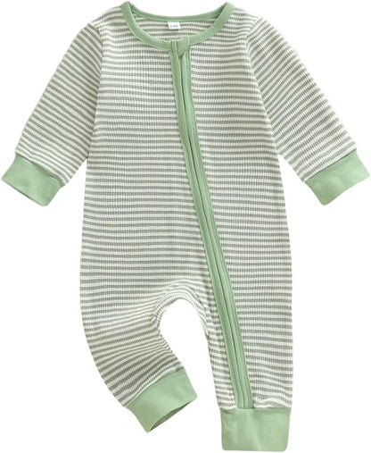 Karuedoo Newborn Infant Baby Boy Clothes Striped Waffle Long Sleeve Zipper Romper Jumpsuit One-Piece Fall Winter Outfit