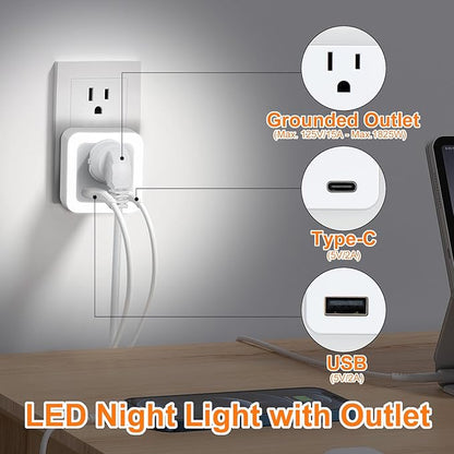 JackonLux Night Lights Plug Into Wall 2 Pack Rechargeable Battery Backup Light Dusk to Dawn Sensor Night Light with Outlet Expander for Adults Kids Bedroom, Kitchen, and Bathroom (Daylight - 5000K)