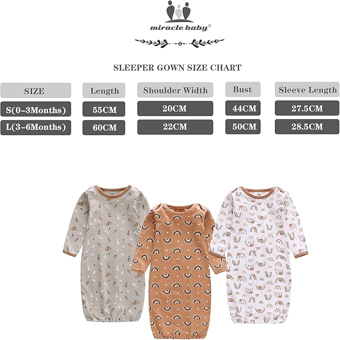 Baby Newborn Gown, 3 Packs Baby Sleeping Bag, Long Sleeve Sleep Sack, Cotton Cloths for Newborn Boys Girls 0-12 Months