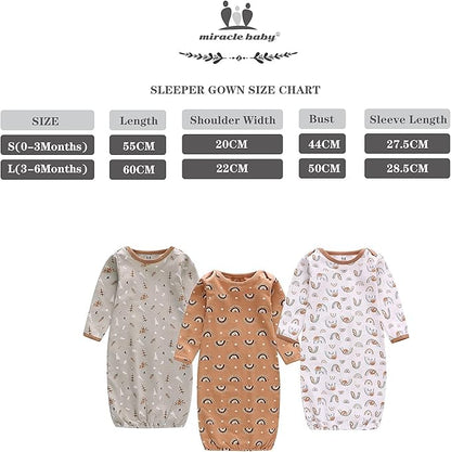 Baby Newborn Gown, 3 Packs Baby Sleeping Bag, Long Sleeve Sleep Sack, Cotton Cloths for Newborn Boys Girls 0-12 Months