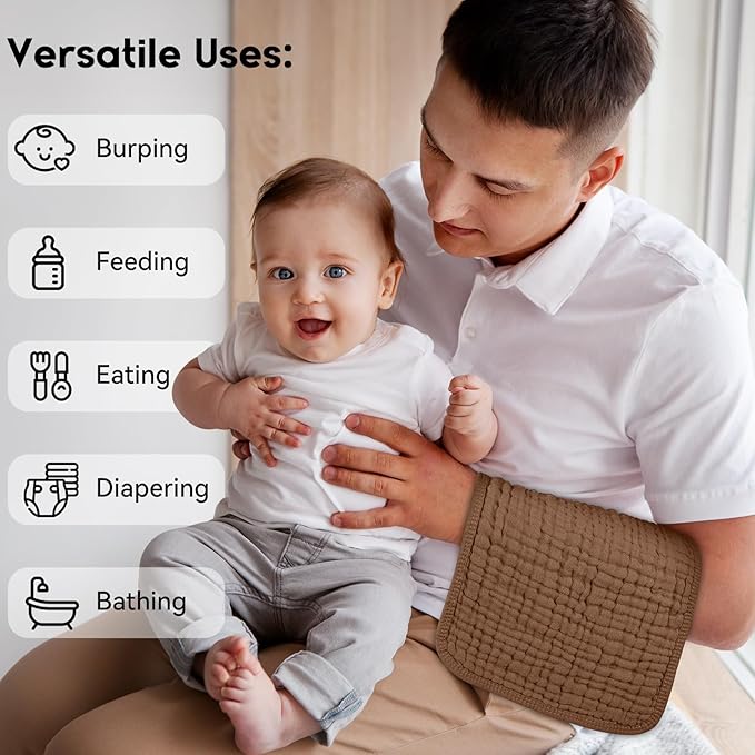 Muslin Burp Cloths for Baby 100% Cotton Burping Cloths for Boys Girls Large 20''X10'' Extra Soft and Absorbent 12 Pack - Gradient Brown