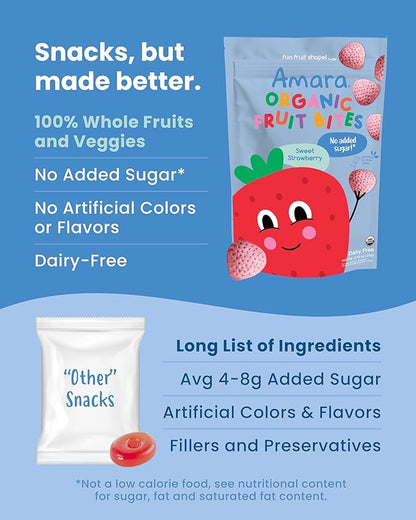 Amara Organic Fruit Bites Sweet Strawberry - No Added Sugar, Dairy-Free, Nut-Free Organic Fruit Snacks, Made with Organic Whole Foods, Allergy-Friendly Healthy Fruit Snacks for Kids - 21g 6PK