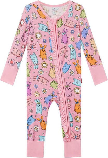 Bamboo Viscose Baby Girl Footless Pajamas Ruffled Baby Sleepers with 2 Way Zipper