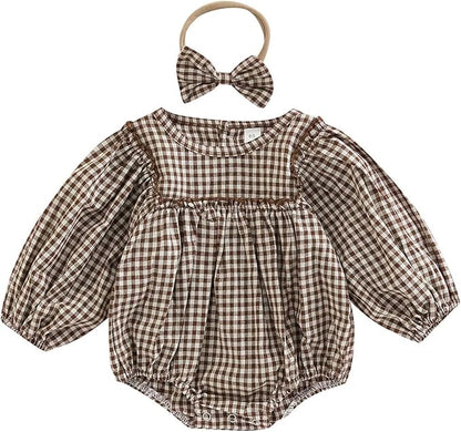 Douhoow Infant Baby Girl Plaid Romper Baby Sweatshirt Romper Ruffle Festival Clothes Fall Winter Outfits with Headband