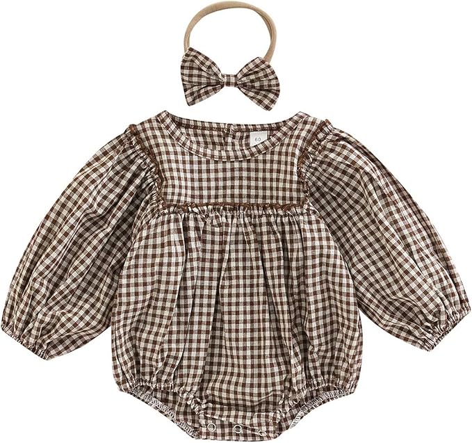 Douhoow Infant Baby Girl Plaid Romper Baby Sweatshirt Romper Ruffle Festival Clothes Fall Winter Outfits with Headband