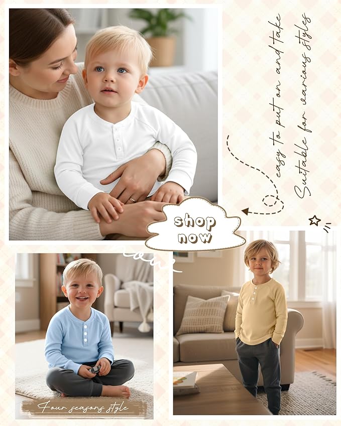 4 Pack Boys' Long Sleeve Shirts Girls' Henley Tees Toddler Baby Knit Casual Tops Kids Fall Clothes Unisex