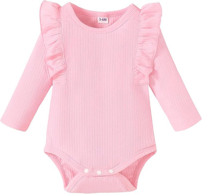 0-24M Infant Ribbed Romper Baby Girls Knit Ruffle Bodysuit Toddler Girl Solid Color Jumpsuit Holiday Shirt Tpos