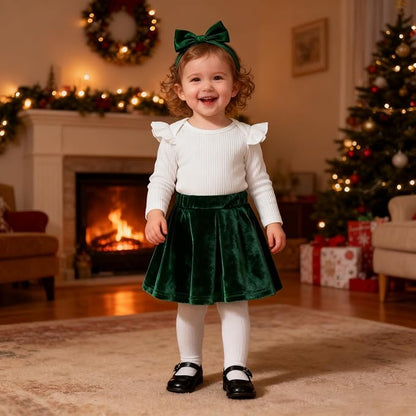 Baby Girls Christmas Outfit Long Sleeve Ruffled Romper+Green Red Velvet Tutu Skirt+Headband Xmas Dress