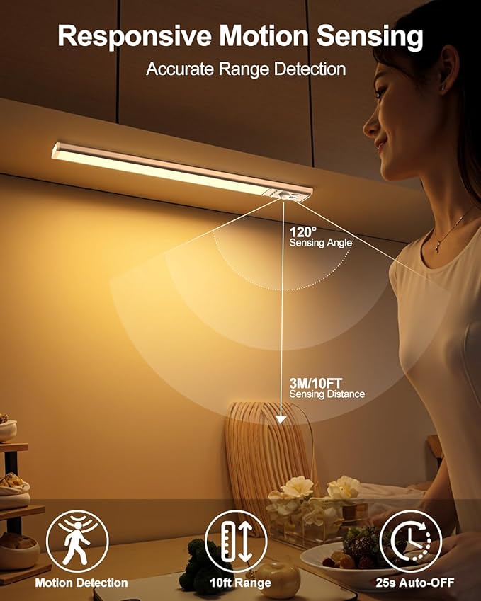 Under Cabinet Lighting, LED Motion Sensor Light Indoor with 3 Color Dimmable, 3300mAh Battery Operated Closet Lights Rechargeable Lamp, Magnetic Under Counter Night Lights Used in Cabinet (12 inches)