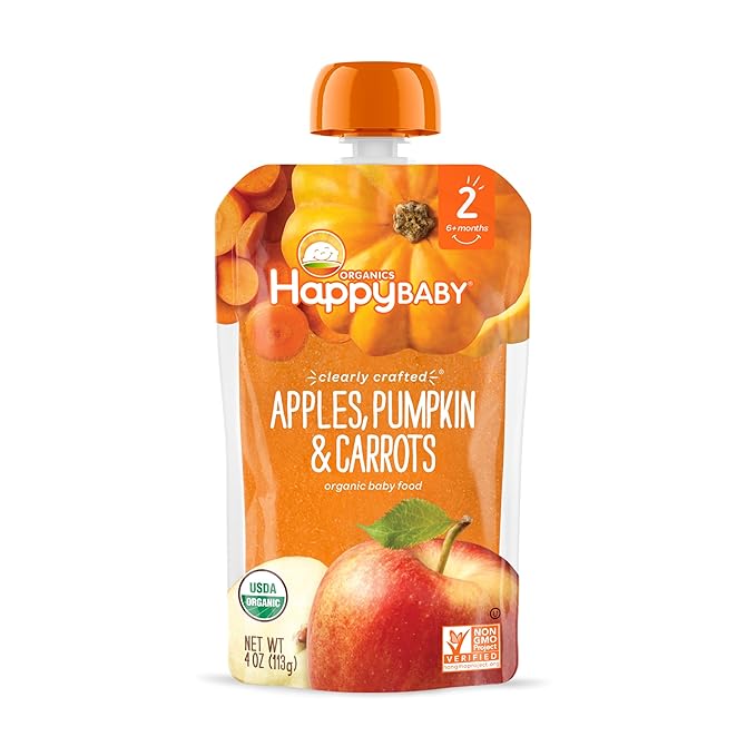 Happy Baby Organics Stage 2 Baby Food Pouches, Gluten Free, Vegan & Healthy Snack, Clearly Crafted Fruit & Veggie Puree, Apples, Pumpkin & Carrots, 4 Ounces (Pack of 16)