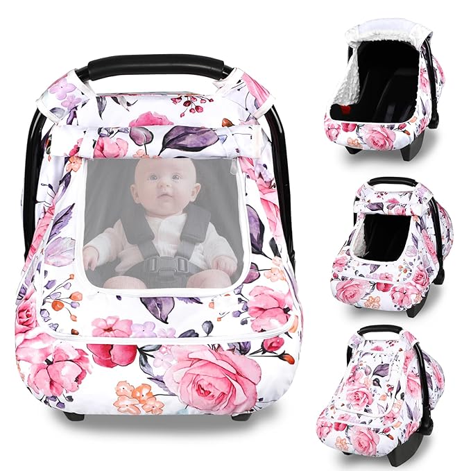 Winter Car Seat Cover Baby with Sunshade & Dual Zipper Windows - Minky Bubble Lined Windproof Soft Shell, Warm Newborn Car Seat Canopy Covers, Elastic Bottom for Stroller & Infant Car Seat, Floral