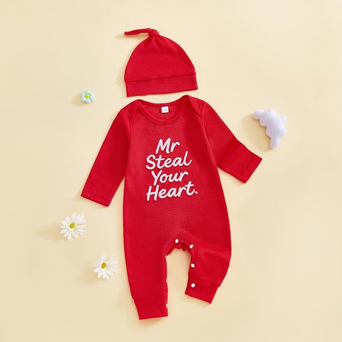 Baby Valentines Outfit Girl Boys Long Sleeve Footie Rib Onesie knot Hat Spring Clothes Newborn Outfits Infant Set