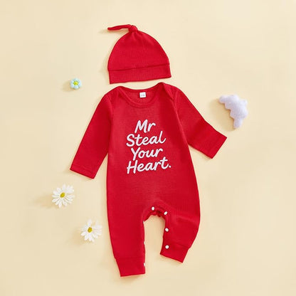 Baby Valentines Outfit Girl Boys Long Sleeve Footie Rib Onesie knot Hat Spring Clothes Newborn Outfits Infant Set