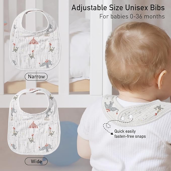 GLLQUEN BABY Muslin Drool Bibs for Boys Girls 8 Pack, Adjustable Baby Bibs for Drooling and Teething, Soft Cotton Baby Bandana Bib for Newborn Feeding Essentials (Circus)