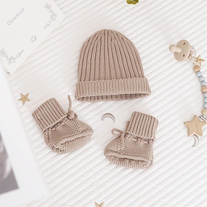 Opewod Baby Hat Booties Set Newborn First Walkers Cozy Socks Shoes Warm Knit Booties Soft Cap for Toddler Infant Boy Girl