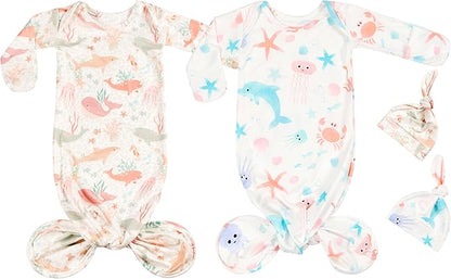 Newborn Baby Boy Long Sleeve Sleeper Gown with Mittens Knotted Gown Coming Home Outfit Nightgown Hat Set 2 Pieces