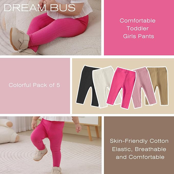 DREAM BUS 5 Pack Toddler Girl Pants Baby Girl Solid Ribbed Pants Toddler Girls Bottoms Leggings Newborn Cotton Jogger