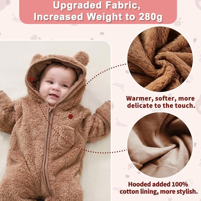 Newborn Baby Bear Outfit With Fold-Over Mittens and Footies Girls Boys Winter Fleece Clothes Hooded Romper Snowsuit