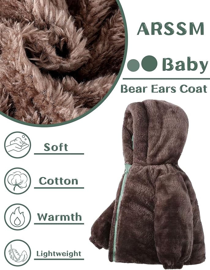 Arssm Baby Boys Girls Winter Fleece Coat Toddler Kids Warm Cute Bear Ear Hooded Jacket