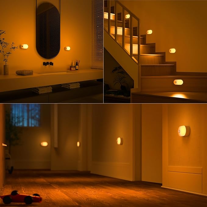 Lyridz Rechargeable Night Light with Motion Sensor, Dimmable Amber Nightlights for Bathroom, Bedroom, Kids Room, Hallway, Stairs, Pet House, 2 Pack