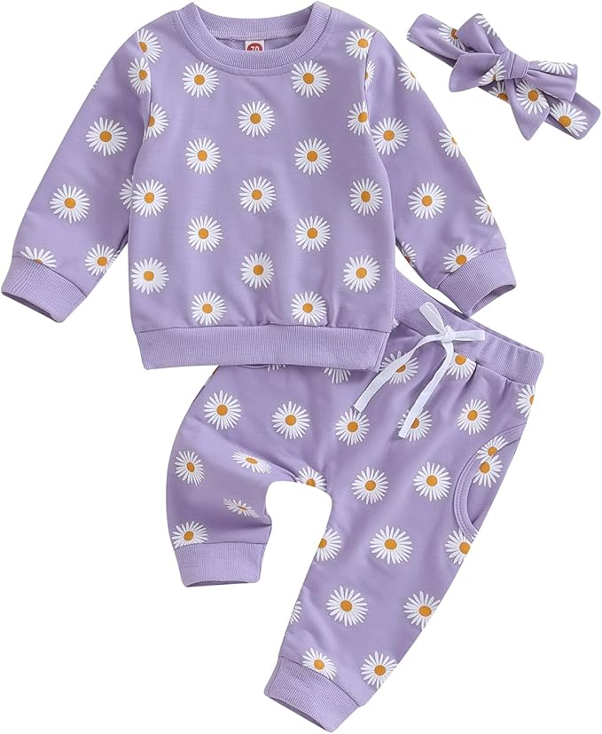 3Pcs Baby Girl Outfits Daisy Sweatshirt + Pants + Headband Infant Fall Winter Clothes