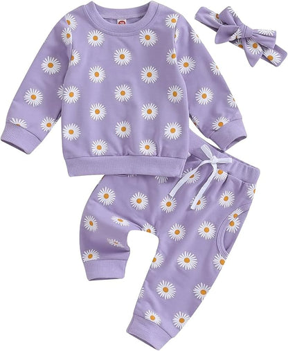 3Pcs Baby Girl Outfits Daisy Sweatshirt + Pants + Headband Infant Fall Winter Clothes