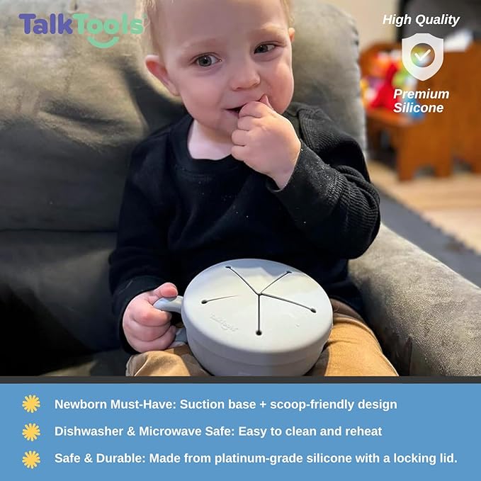 TalkTools Itsy Bowl with Locking Lid - Platinum grade silicone with Volume Lines, Curved Walls for Easy Scooping - for Babies, Toddlers, Children, and Elderly - Snack Cup Lid Accessory (Tangerine)