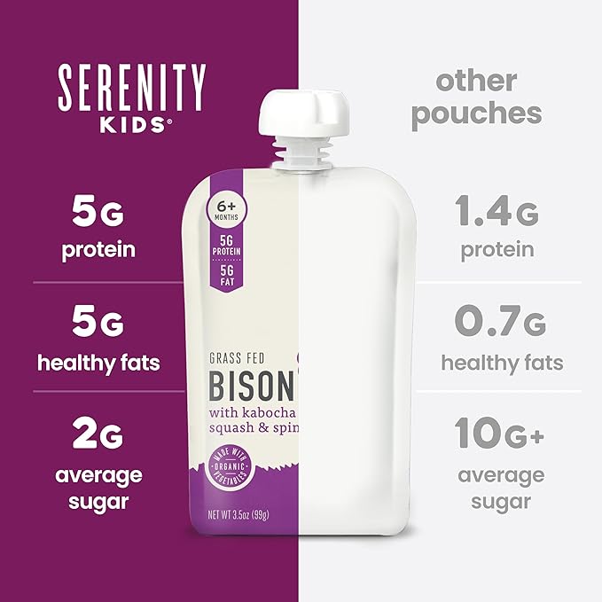 Serenity Kids Baby Food Pouches, Grass Fed Bison with Organic Kabocha Squash & Spinach, For 6+ Months, 3.5 Ounce Pouch (12 Count)