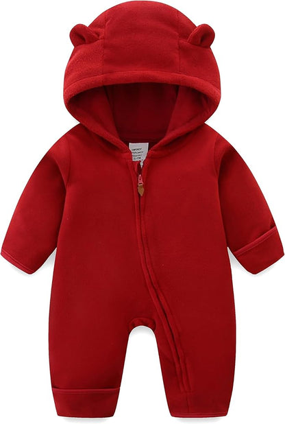 Newborn Baby Bear Onesie Winter Snowsuit With Fold-over Mittens & Footies Zip Up Baby Fleece Jumpsuit 0-18M