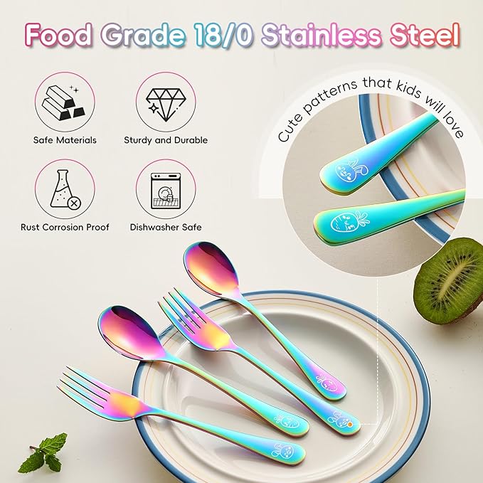 10 Pieces Stainless Steel Rainbow Toddler Utensils Set - Food Grade Kids Silverware Set Children Safe Small Forks and Spoons Mirror Polished Sturdy and Durable Dishwasher Safe
