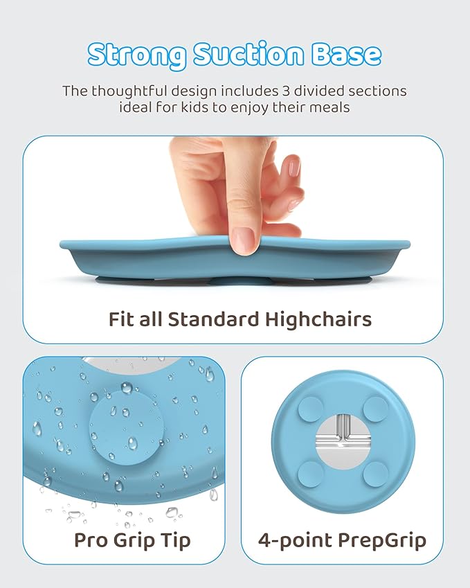 Stainless Steel Kids Plates (2 Pack): 9" Divided Plates with Silicone Suction for Babies, Unbreakable Dinner Dishes for Toddlers, Non Toxic, BPA Free, Anti-Slip, Dishwasher Safe (Bule & Yellow)