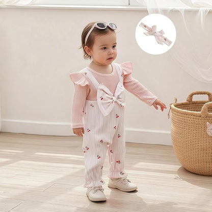 Infant Baby Girl Fall Outfit Romper Cherry Print Fake Two Pieces Patchwork Bow Jumpsuit Newborn Winter Clothes