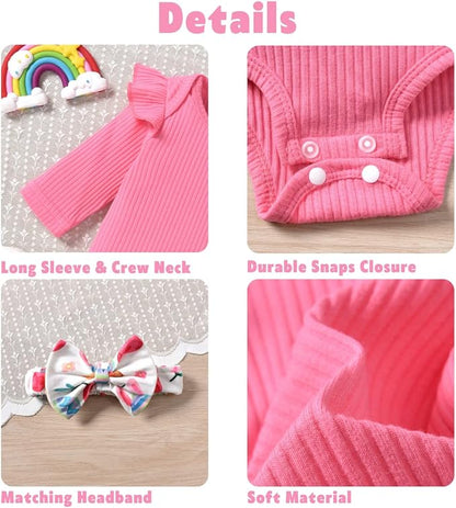 Aalizzwell Preemie Newborn Infant Baby Girls Clothes Ribbed Romper Bodysuit Pants Set Fall Winter Outfits
