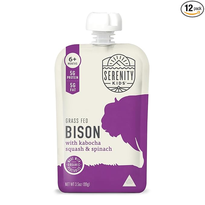 Serenity Kids Baby Food Pouches, Grass Fed Bison with Organic Kabocha Squash & Spinach, For 6+ Months, 3.5 Ounce Pouch (12 Count)