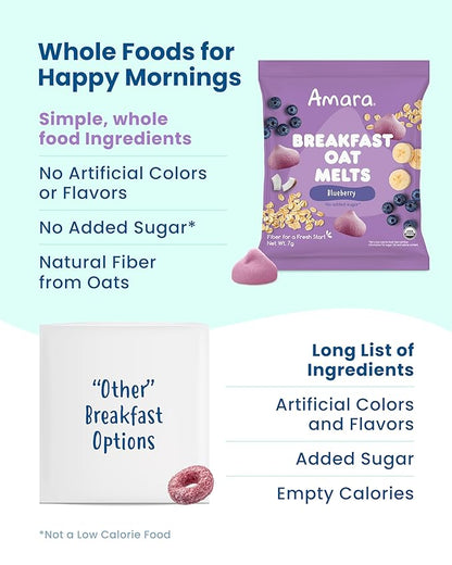 Amara Breakfast Oat Melts - Organic Toddler Snack - Single Serve Fiber-Packed Oat Bites with Real Fruit, No Added Sugar, Quick Dissolving, Blueberry - 12 Pack