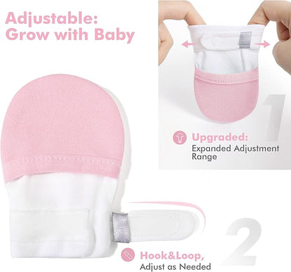HAPIU Baby No Scratch Mittens Stay On, 100% Cotton Breathable, Adjustable Infant Gloves for Boys Girls, Newborn - 12 M