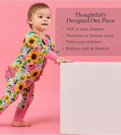 Bamboo Viscose Baby Girl Footless Pajamas Ruffled Baby Sleepers with 2 Way Zipper