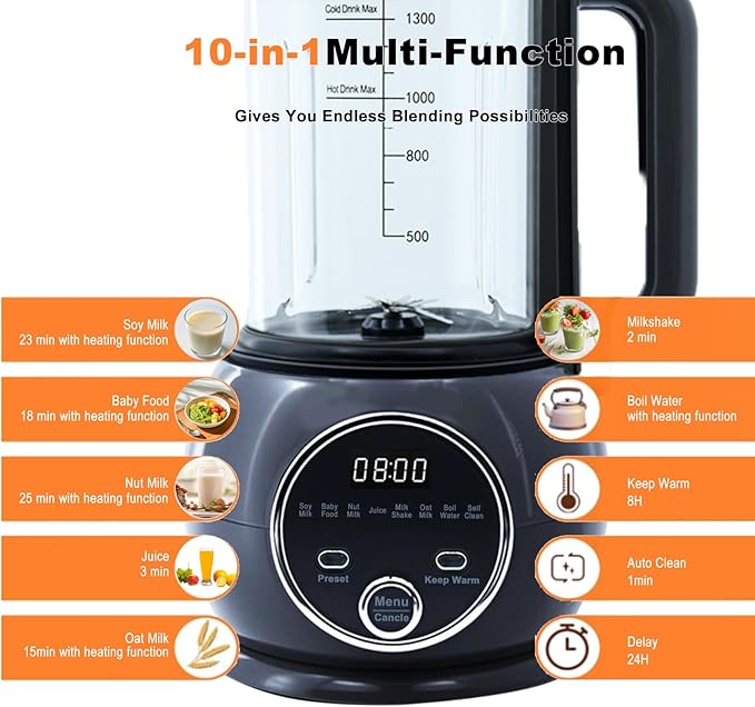 10 in 1 Nut Milk Maker Hot Blender,51oz Homemade Soy, Almond,Oat,Plant Based,Baby Food Maker 20 Blades,Automatic Soybean Machine with 24H Delay Start/Keep Warm8H/Boil Water&Auto Clean