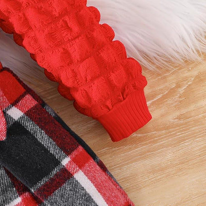 Toddler Baby Girl Plaid Dress Puff Sleeve Bow Patchwork Ribbed Shirts Dress Plaid Fall Winter Outfits with Headband